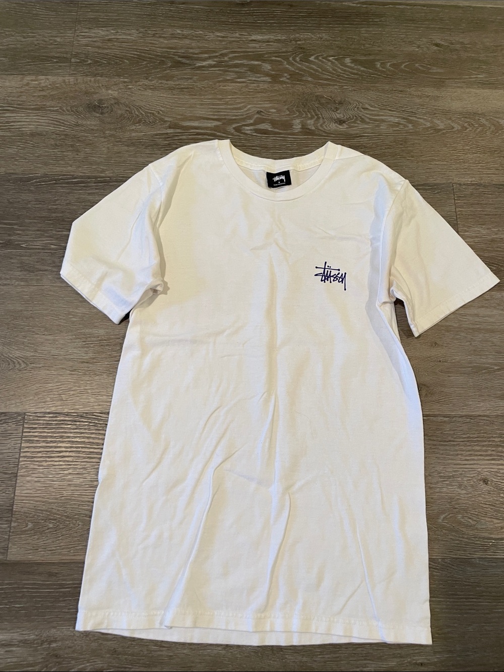 Stussy White Short Sleeve Tee with Script Chest Logo